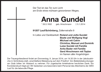 Traueranzeige von Gundel Anna von Pegnitz-Zeitung